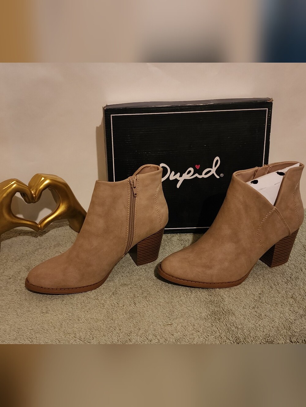 Qupid Tan Suede Stacked Heel Ankle Booties